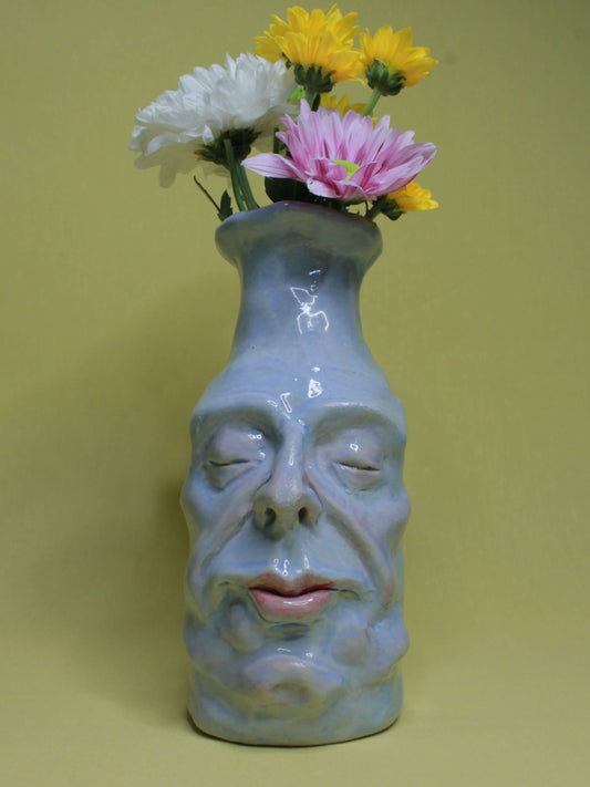 Blue (Closed Eyes) Ceramic Bottle Vase Goblet - Small Handmade Ceramic Bud Vase
