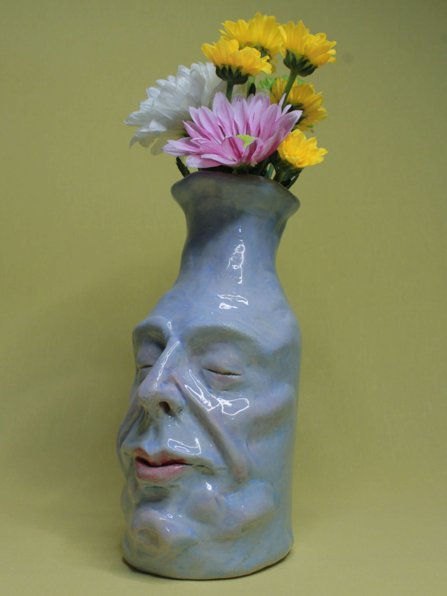 Blue (Closed Eyes) Ceramic Bottle Vase Goblet - Small Handmade Ceramic Bud Vase