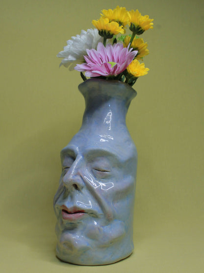 Blue (Closed Eyes) Ceramic Bottle Vase Goblet - Small Handmade Ceramic Bud Vase