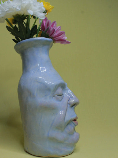 Blue (Closed Eyes) Ceramic Bottle Vase Goblet - Small Handmade Ceramic Bud Vase