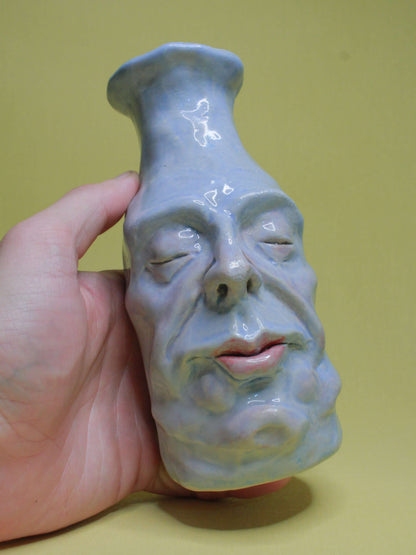 Blue (Closed Eyes) Ceramic Bottle Vase Goblet - Small Handmade Ceramic Bud Vase
