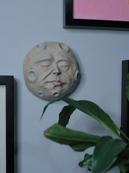 Pale Full Moon Ceramic Wall Ornament - Closed Eyes