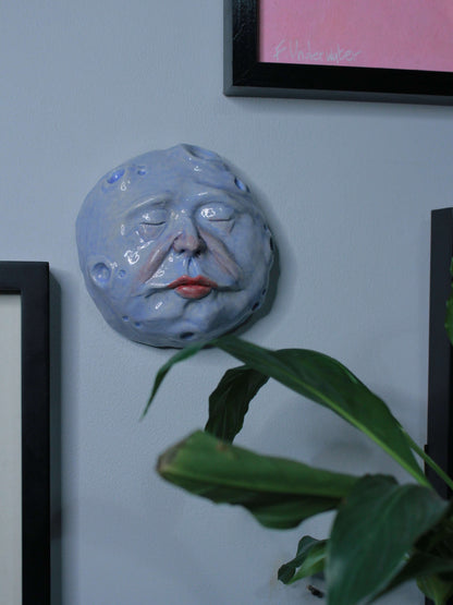 Blue Full Moon Ceramic Wall Ornament - Closed Eyes
