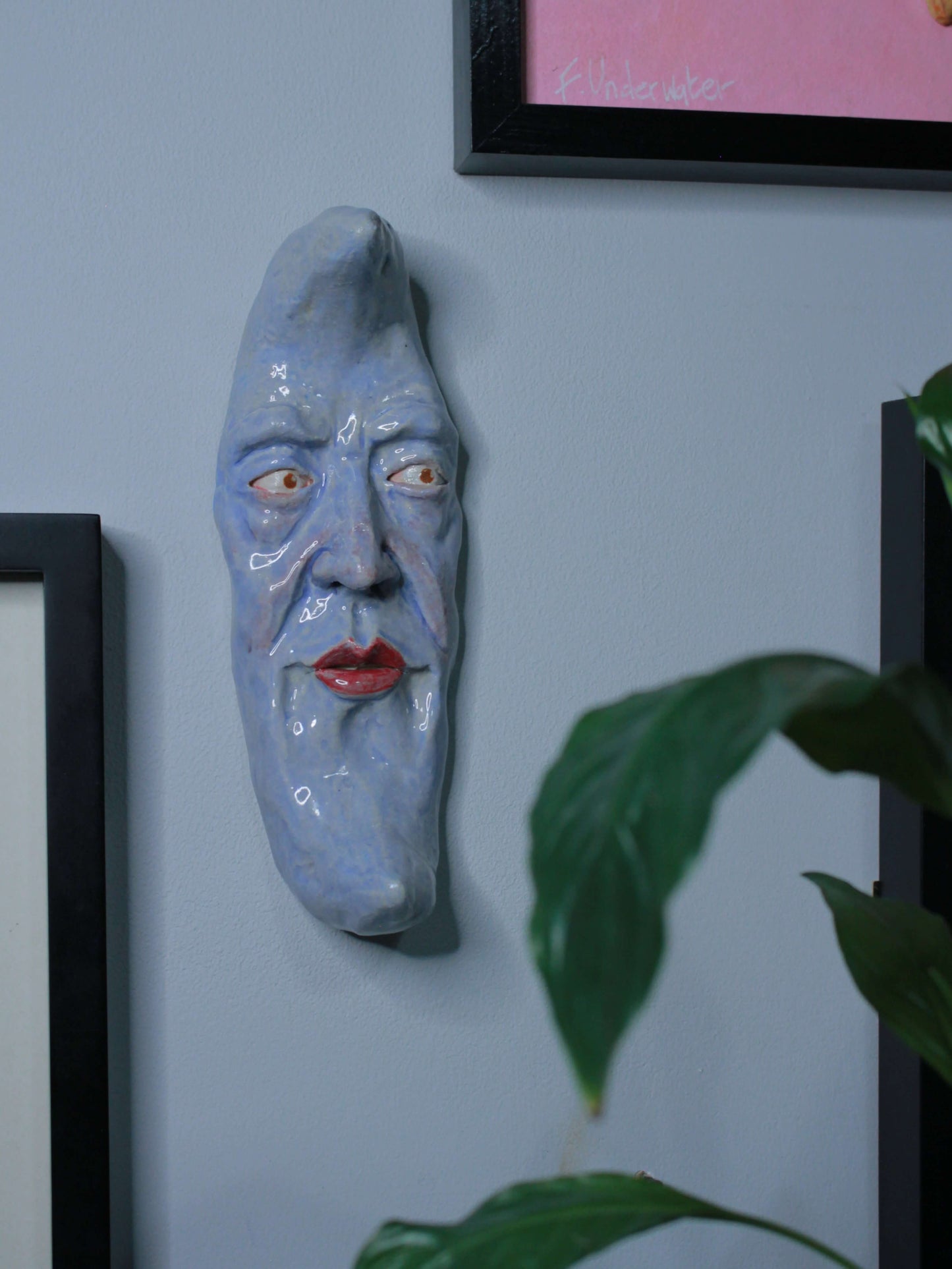 Blue Crescent Moon Ceramic Wall Ornament - Open Eyes