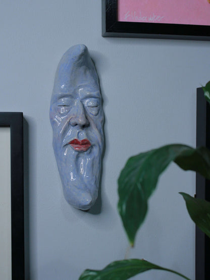 Blue Crescent Moon Ceramic Wall Ornament - Closed Eyes