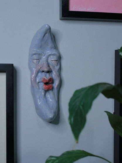 Blue Crescent Moon Ceramic Wall Ornament - Kissing Face