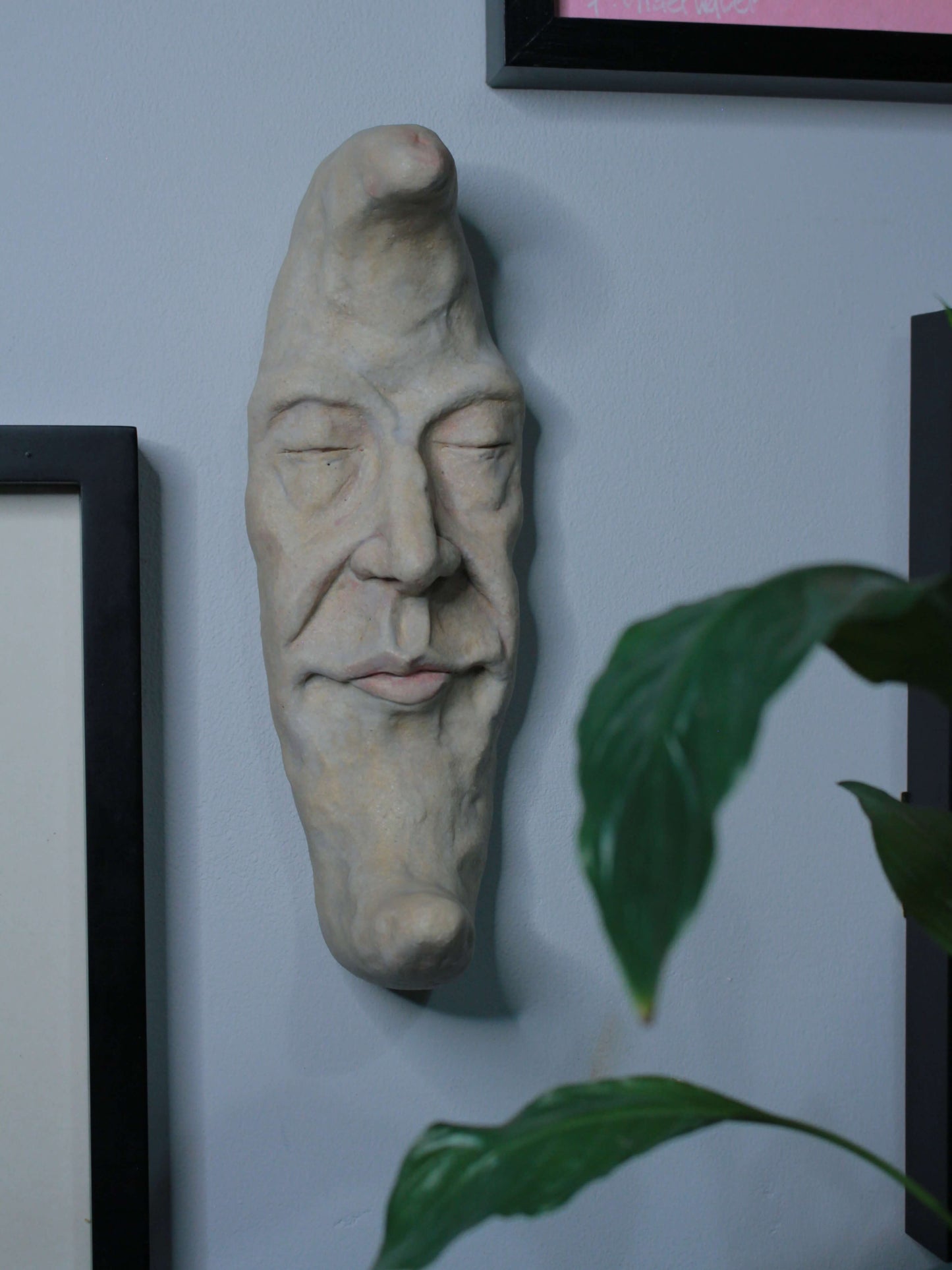 Large Crescent Moon Ceramic Wall Ornament - Closed Eyes