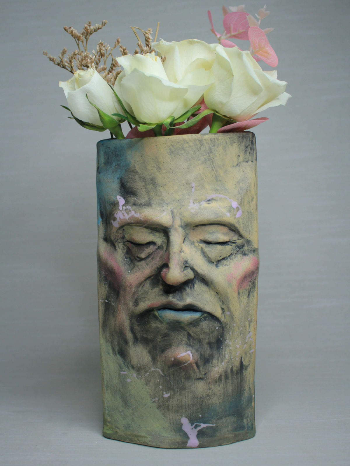 Abstract Expressionist Style Slim Sleeping Ceramic Face Vase (Large)