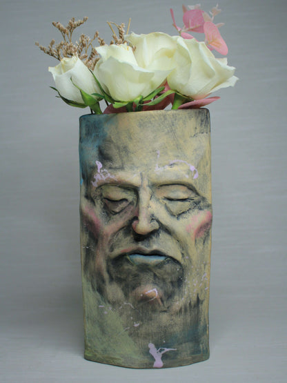 Abstract Expressionist Style Slim Sleeping Ceramic Face Vase (Large)