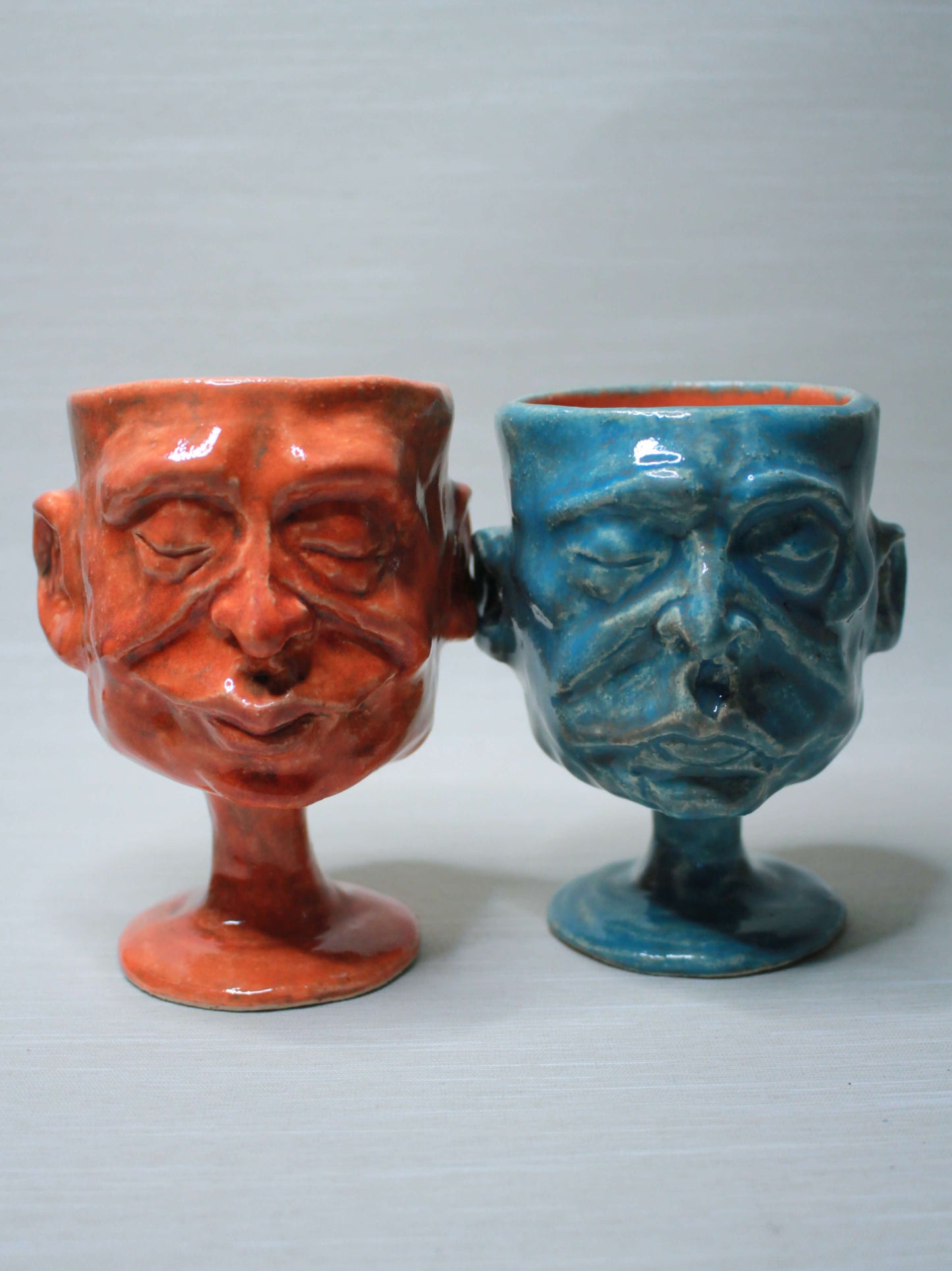 Small Orange & Blue Ceramic Goblets [Pair] - Quirky Colourful Small Ceramic Wine Glasses x2