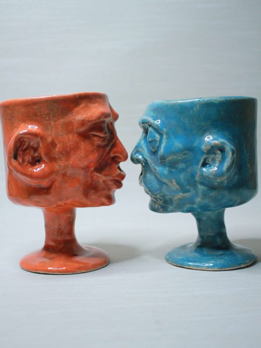Small Orange & Blue Ceramic Goblets [Pair] - Quirky Colourful Small Ceramic Wine Glasses x2
