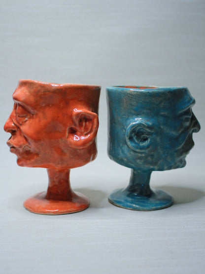 Small Orange & Blue Ceramic Goblets [Pair] - Quirky Colourful Small Ceramic Wine Glasses x2