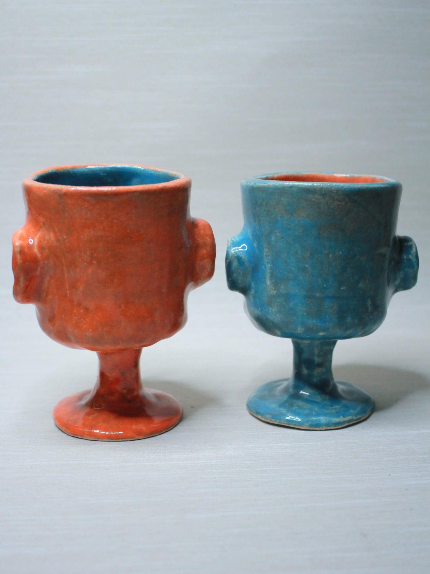 Small Orange & Blue Ceramic Goblets [Pair] - Quirky Colourful Small Ceramic Wine Glasses x2