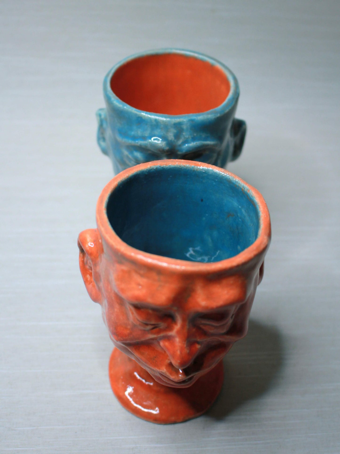 Small Orange & Blue Ceramic Goblets [Pair] - Quirky Colourful Small Ceramic Wine Glasses x2