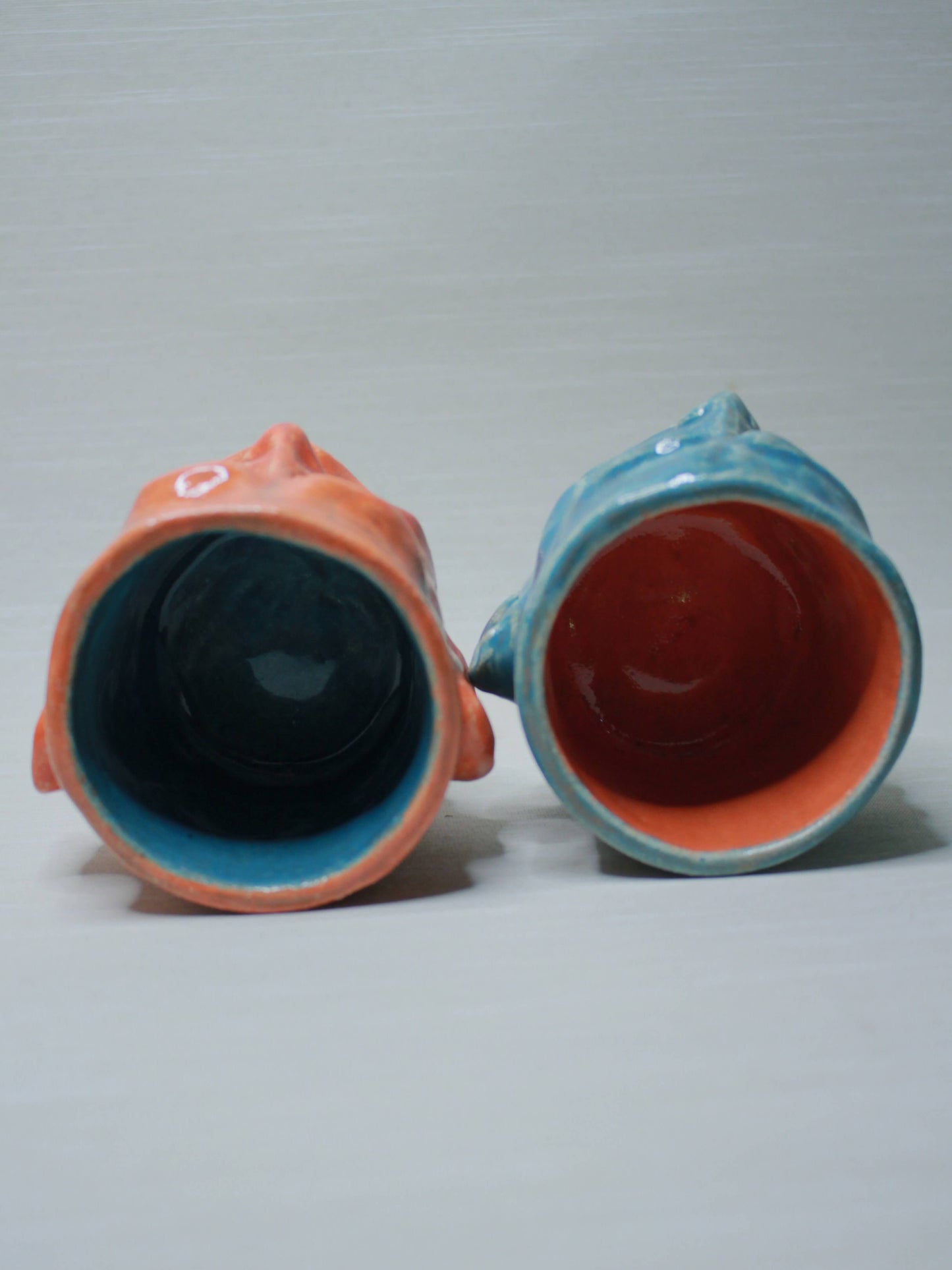 Small Orange & Blue Ceramic Goblets [Pair] - Quirky Colourful Small Ceramic Wine Glasses x2