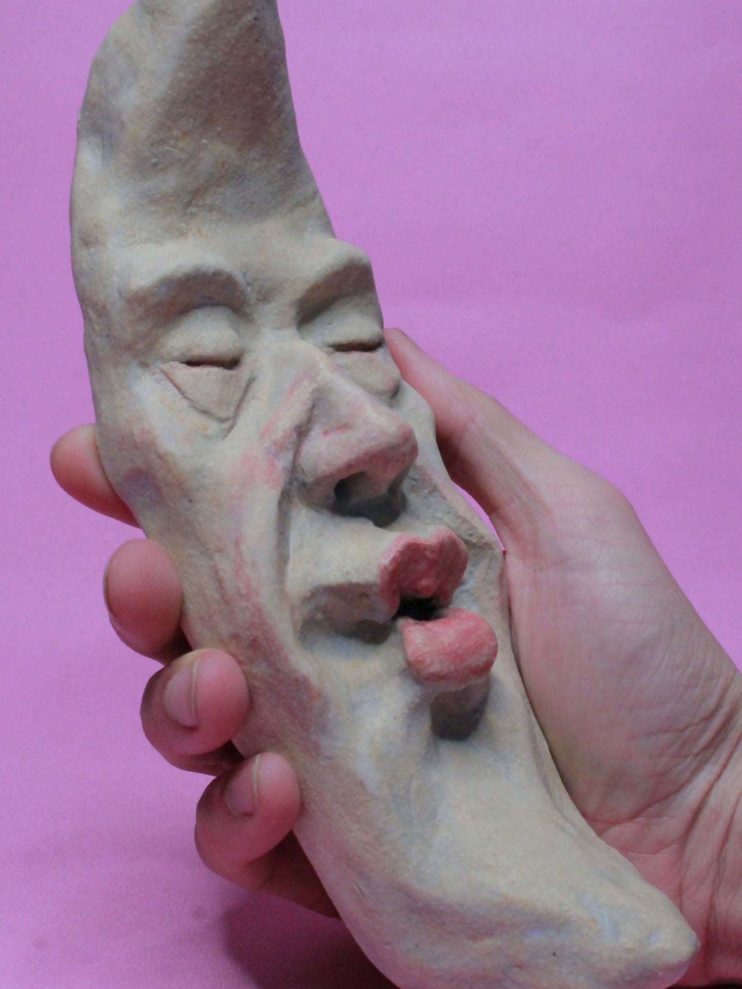 Pale Crescent Moon Ceramic Wall Ornament - Kissing Face