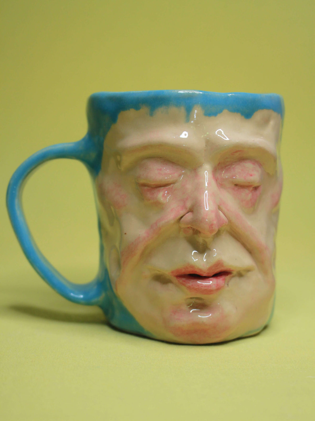 Quirky Hand Sculpted Blue Face Mug - Handmade Ceramic Character Drinkware