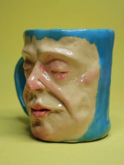 Quirky Hand Sculpted Blue Face Mug - Handmade Ceramic Character Drinkware