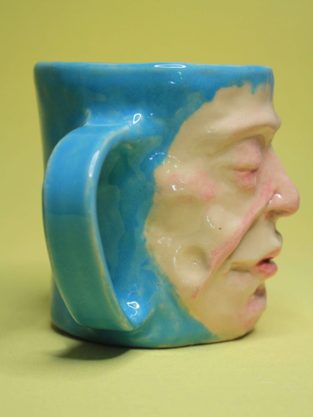 Quirky Hand Sculpted Blue Face Mug - Handmade Ceramic Character Drinkware