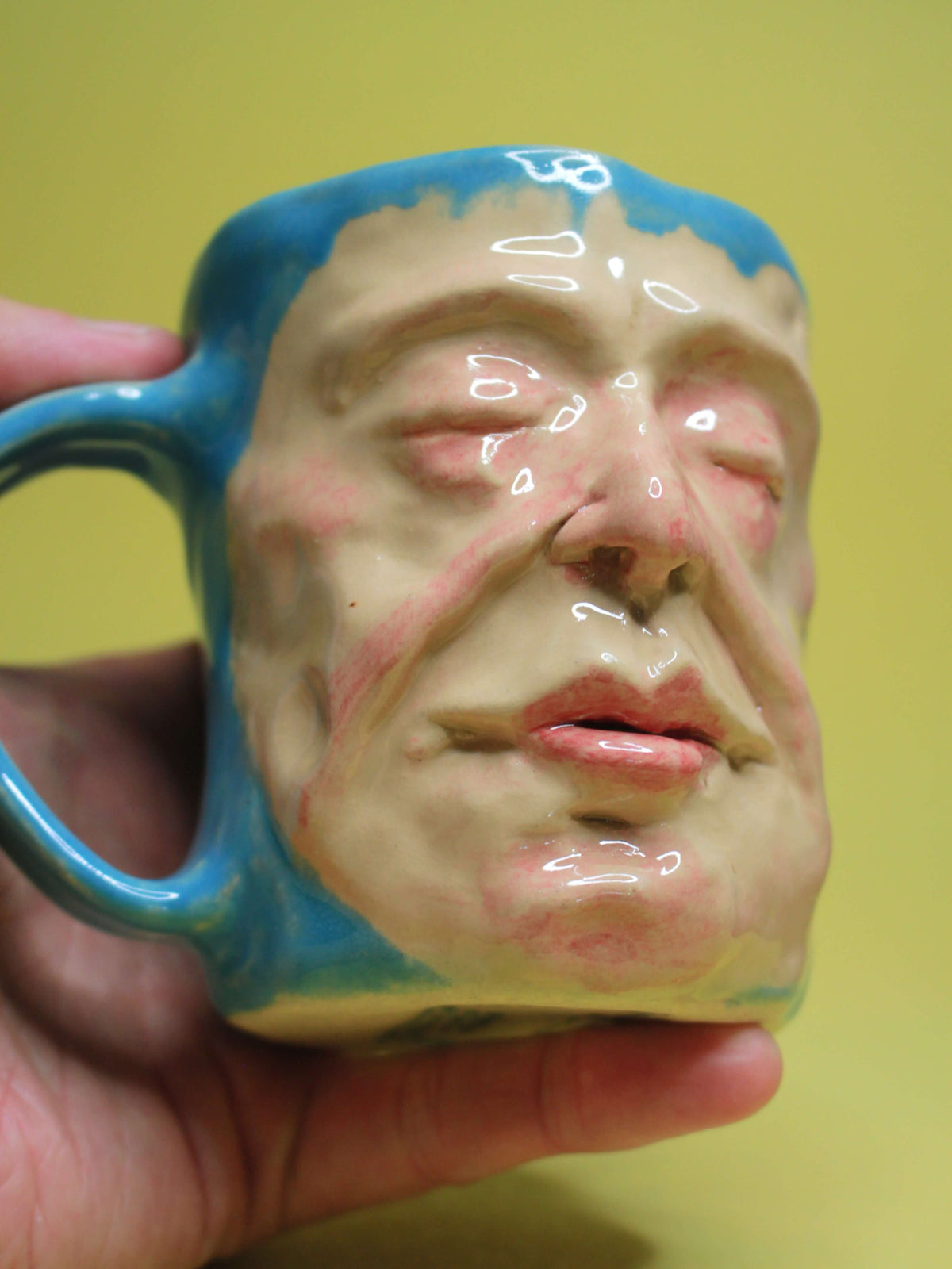 Quirky Hand Sculpted Blue Face Mug - Handmade Ceramic Character Drinkware