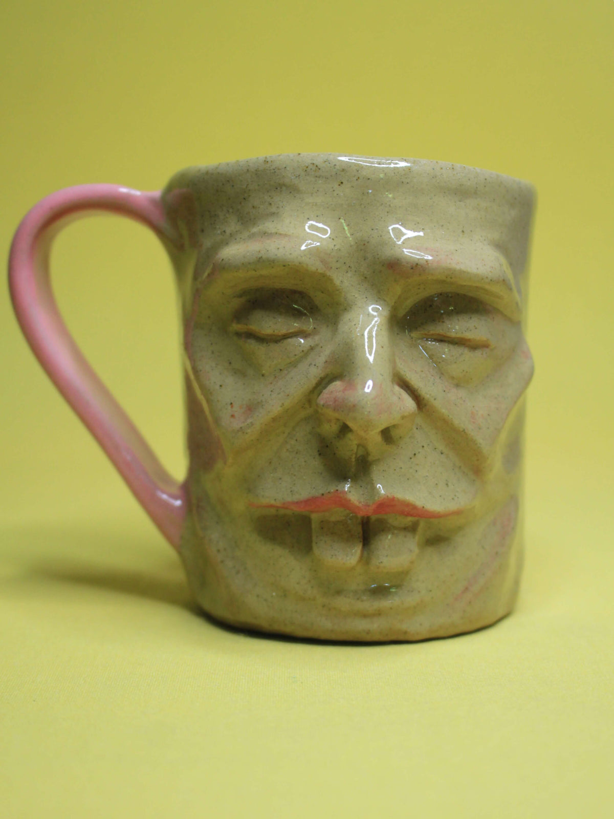 Pink Sleepy Goofy Face Mug -  Quirky Handmade Ceramic Mug