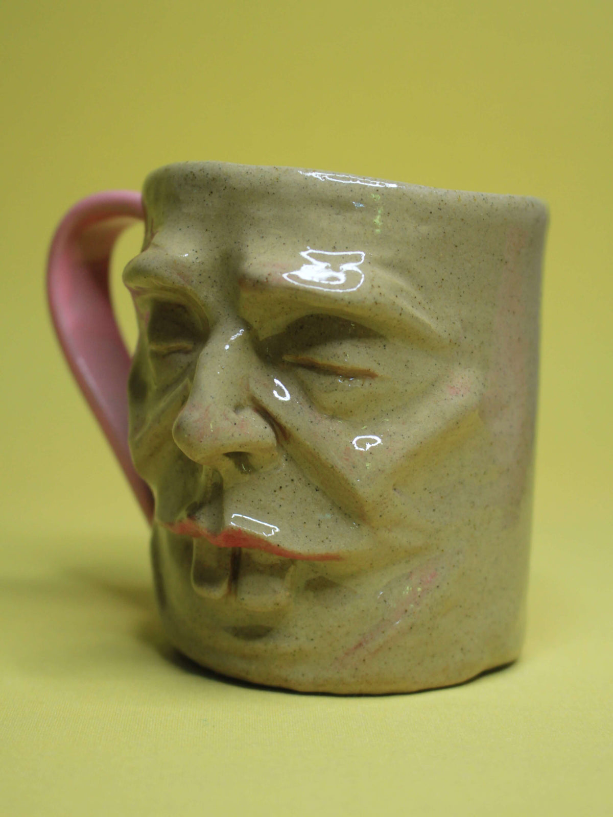 Pink Sleepy Goofy Face Mug -  Quirky Handmade Ceramic Mug