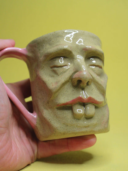 Pink Sleepy Goofy Face Mug -  Quirky Handmade Ceramic Mug