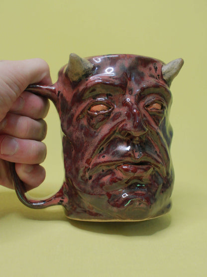 Red Devil Face Tankard / Large Mug - Handmade Ceramic