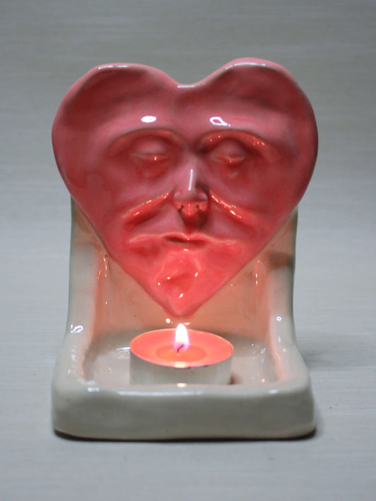Pink Heart Tealight / Trinket Holder (White) - Handmade Ceramic Jewellery Dish / Mini Altar