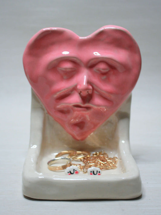 Pink Heart Tealight / Trinket Holder (White) - Handmade Ceramic Jewellery Dish / Mini Altar