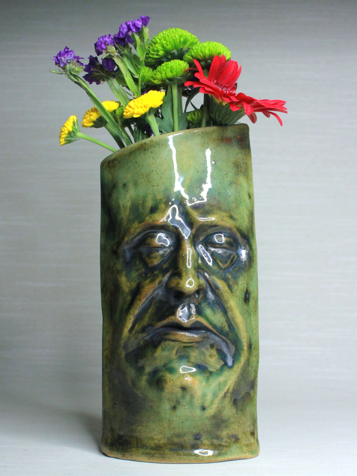 Grumpy Green Ceramic Slim Face Vase