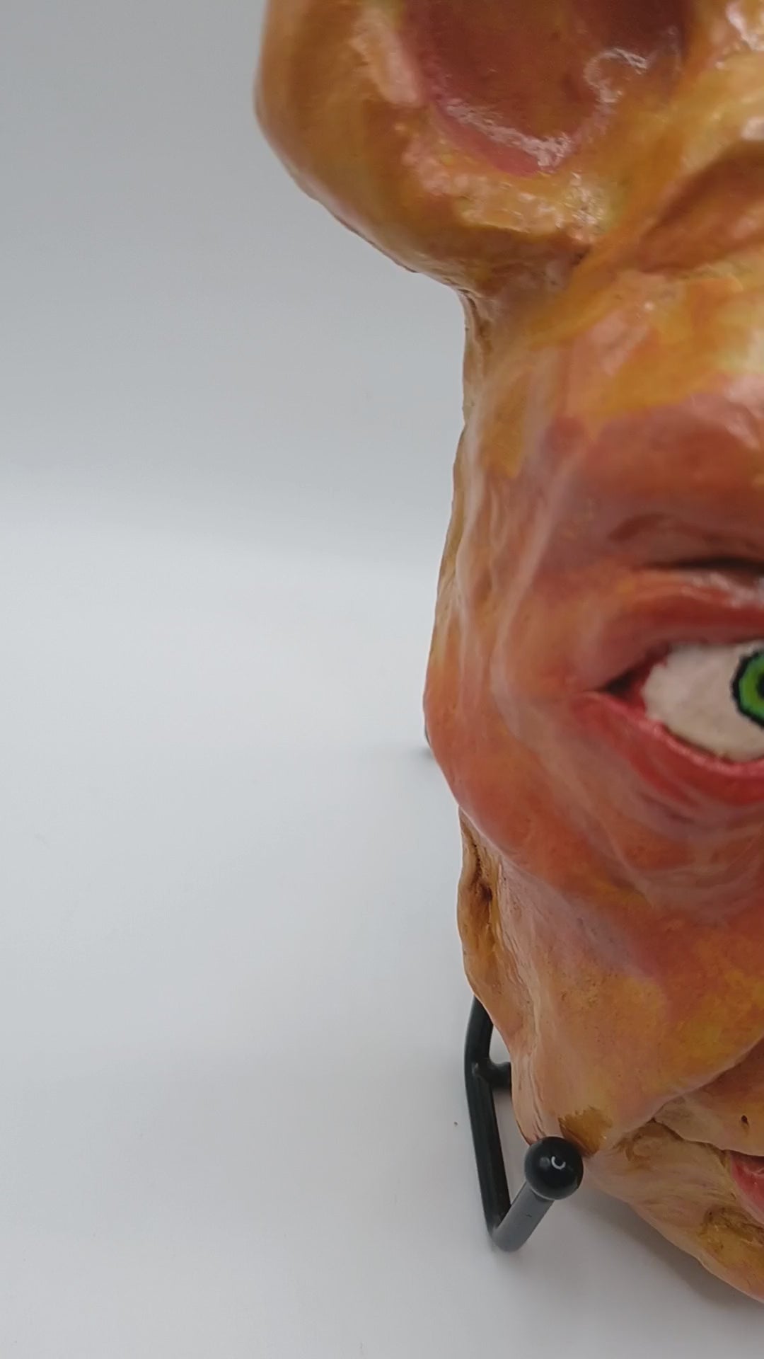 creepy yellow bear, hand sculpted clay sculpture mask lightbox video