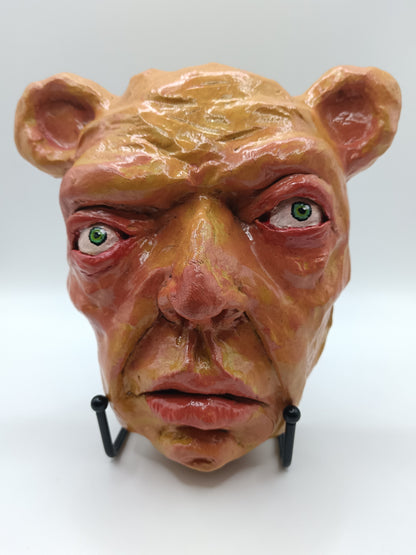 Francis Underwater creepy yellow bear, hand sculpted clay sculpture mask with stand
