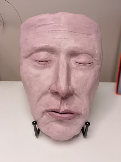 Francis underwater, hand sculpted death mask sculpture with stand, home setting 