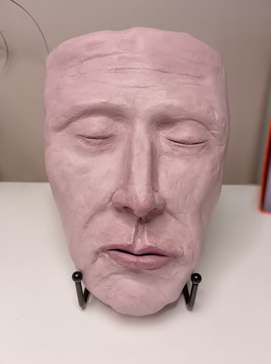 Francis underwater, hand sculpted death mask sculpture with stand, home setting 