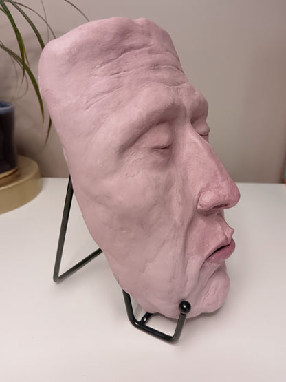 Francis underwater, hand sculpted death mask sculpture with stand, home setting side view