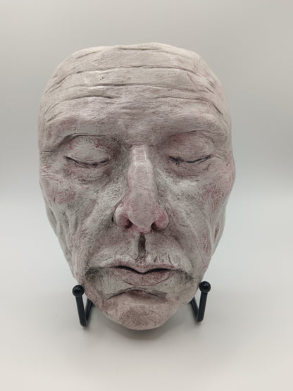 white Death mask Hand sculpted clay sculpture with stand front