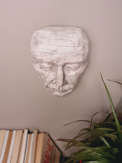white Death mask Hand sculpted clay sculpture wall art top
