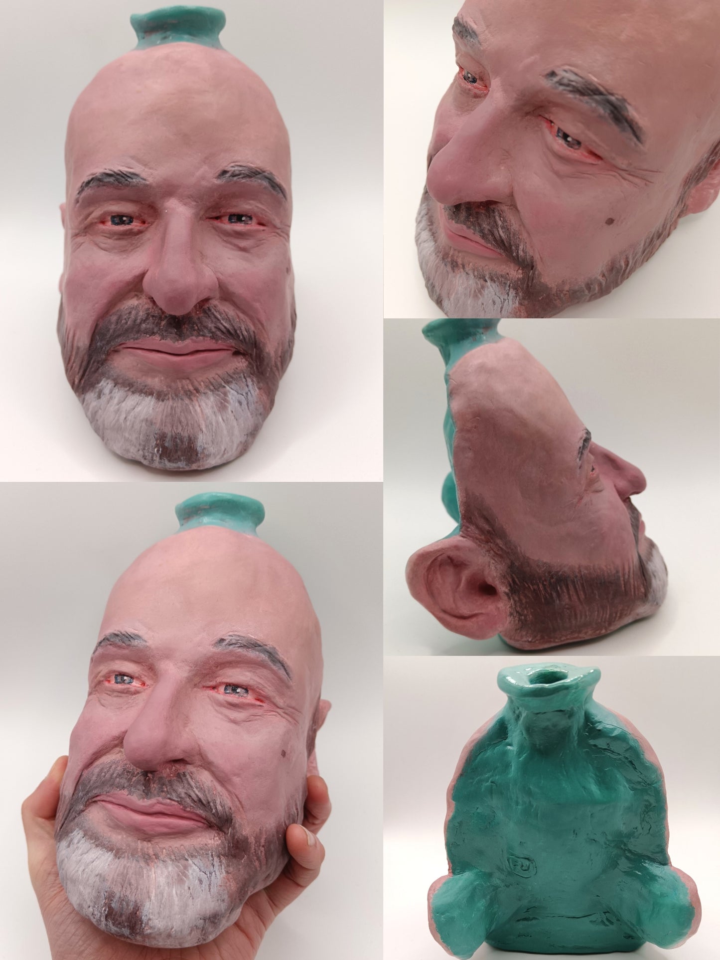 different angles of Hand-painted portrait vase sculpture commissioned from photographs (UK)