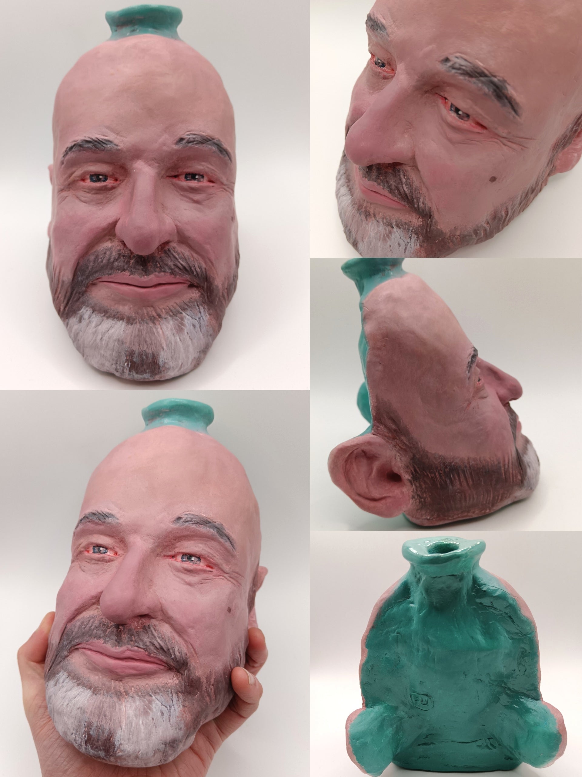 different angles of Hand-painted portrait vase sculpture commissioned from photographs (UK)