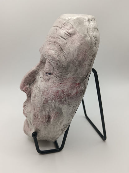 white Death mask Hand sculpted clay sculpture with stand left view