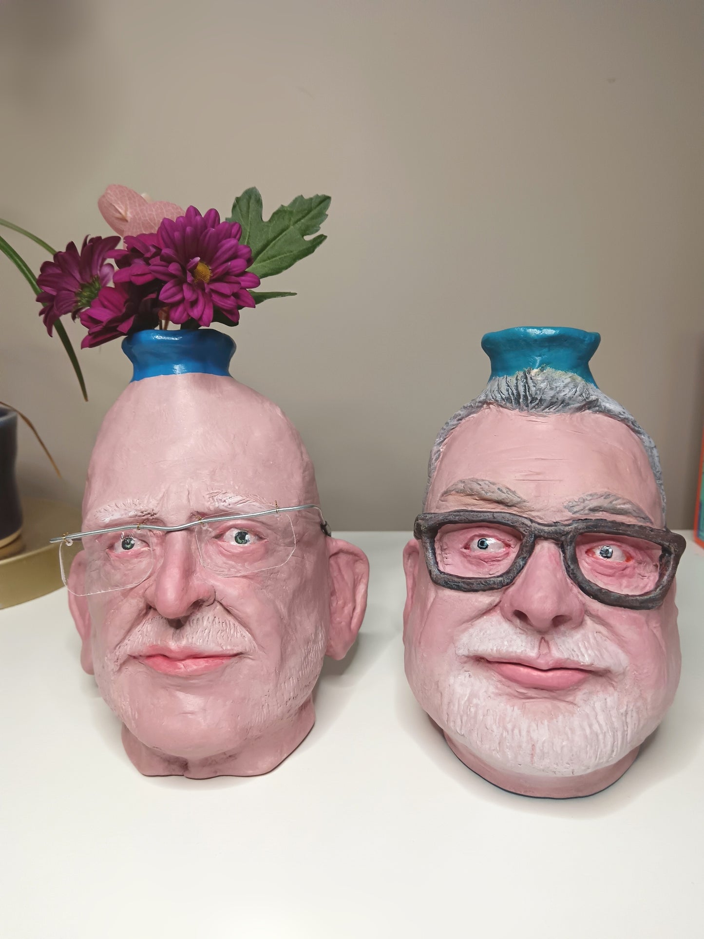 Collection of 2 Custom hand-sculpted male portrait vases made from photographs, handmade in the UK
