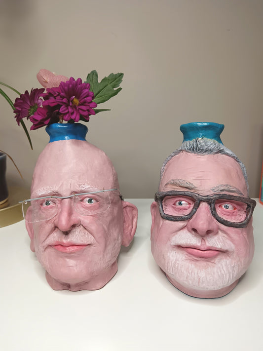 Collection of 2 Custom hand-sculpted male portrait vases made from photographs, handmade in the UK