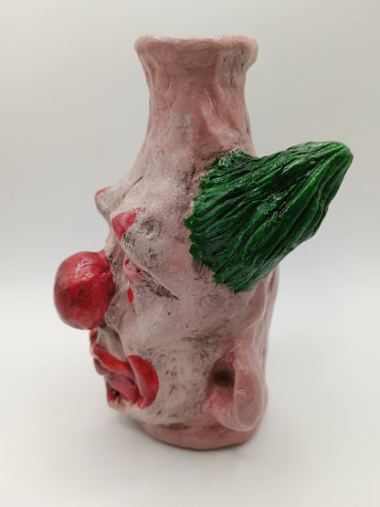 Handmade clown vases with green hair side view left
