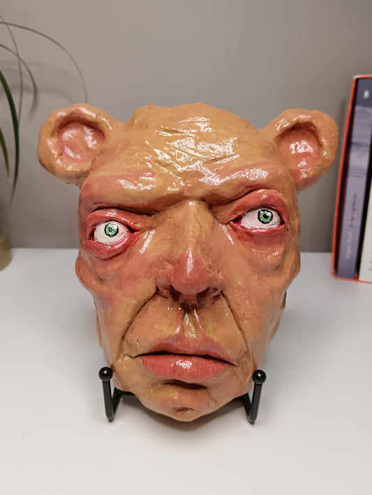 creepy yellow bear, hand sculpted clay sculpture mask