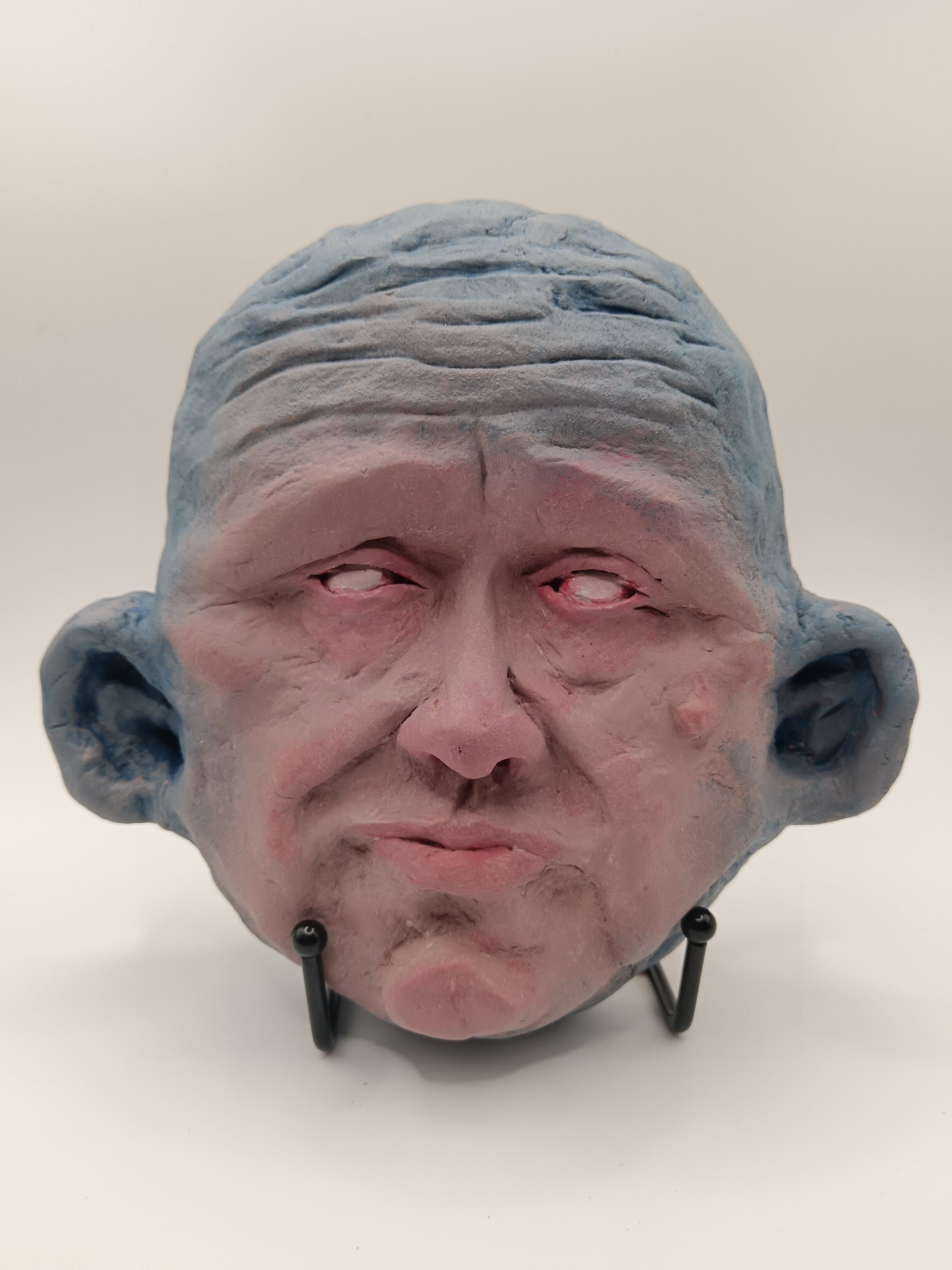 Francis Underwater weird Blue face Handmade sculpture on stand, front