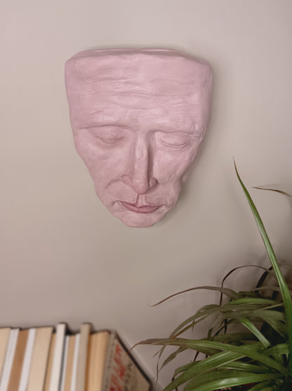 Francis underwater, hand sculpted death mask sculpture wall mounted home setting, top