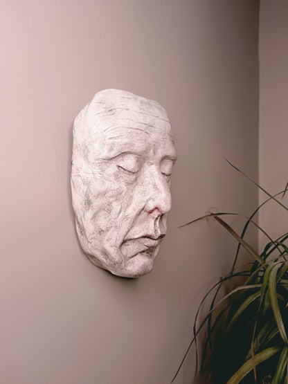 white Death mask Hand sculpted clay sculpture wall hanging side
