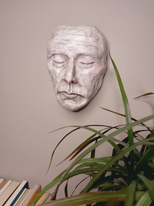 white Death mask Hand sculpted clay sculpture wall mounted 
