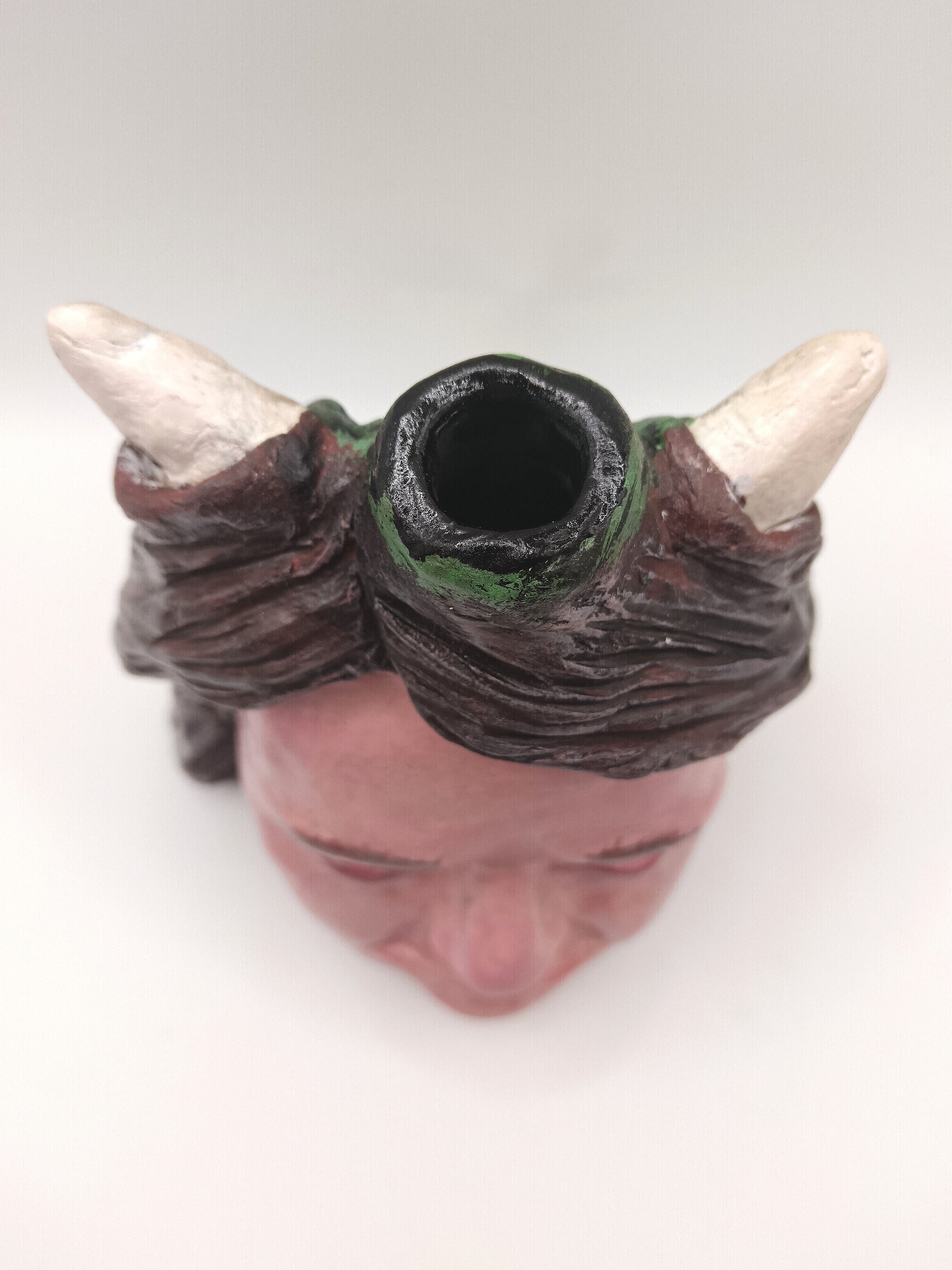 Handmade clay devil girl vase, top